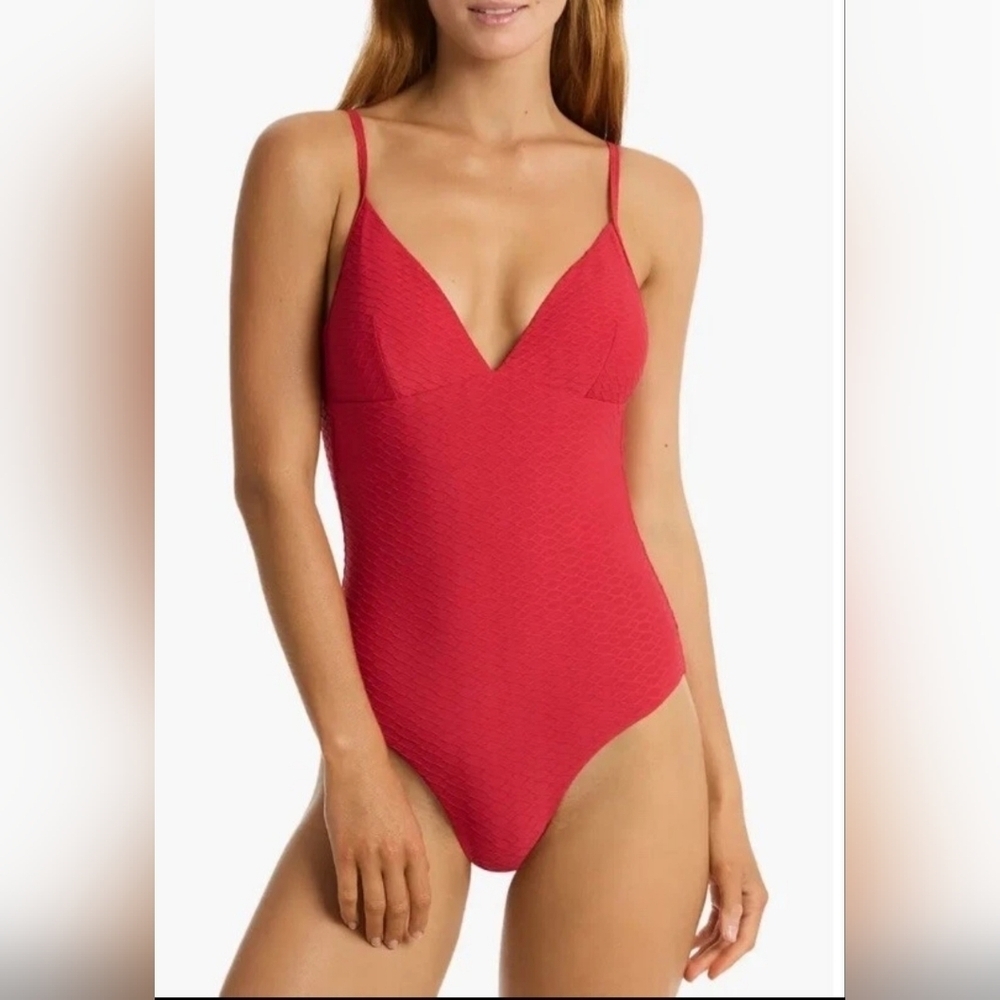 Sea Level Swin Vibrant Red Women'sOne-Piece Swimsuit with Plunging V-Neck-Size S